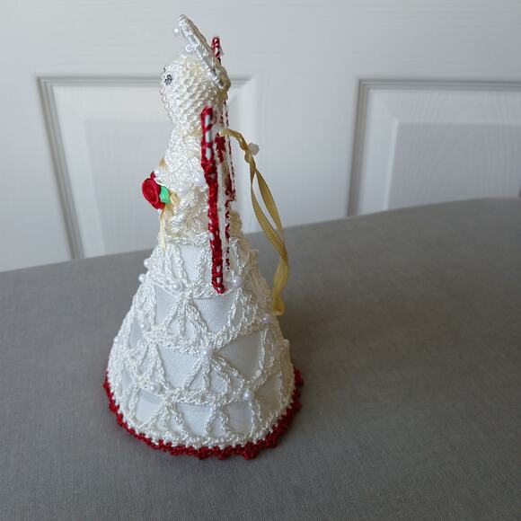 Lace Angel Tree Topper Ornament 6.5" tall handmade crochet beadwork roses - Picture 4 of 8